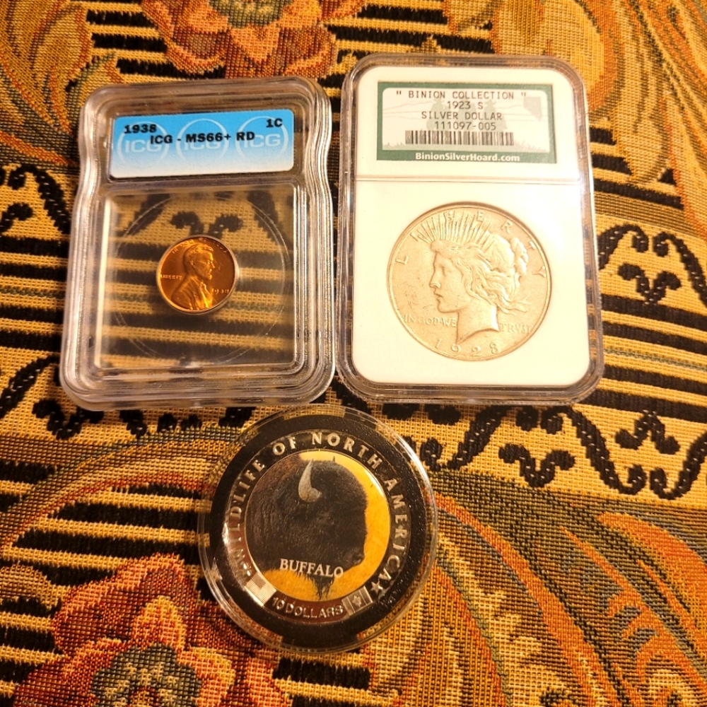 Peace dollar coin with icg coin and bullion